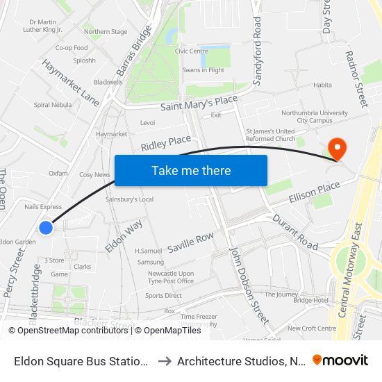 Eldon Square Bus Station, Newcastle upon Tyne to Architecture Studios, Northumbria University map