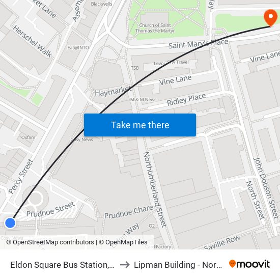 Eldon Square Bus Station, Newcastle upon Tyne to Lipman Building - Northumbria University map