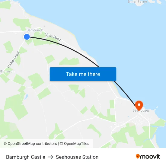 Bamburgh Castle to Seahouses Station map