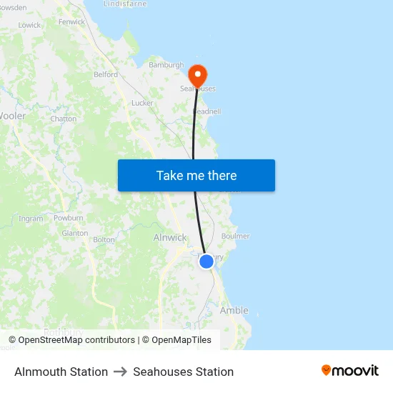 Alnmouth Station to Seahouses Station map
