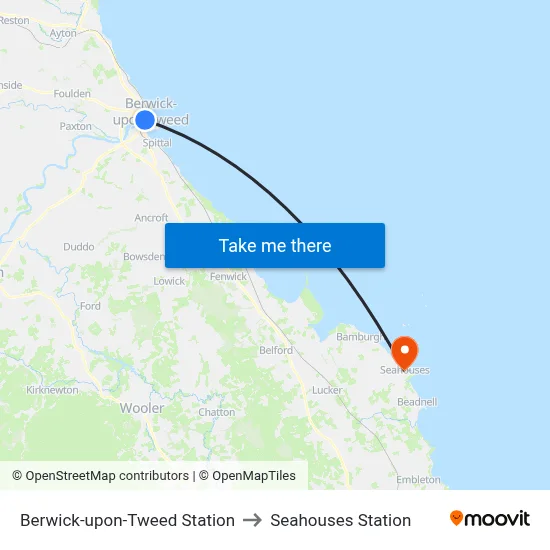 Berwick-upon-Tweed Station to Seahouses Station map