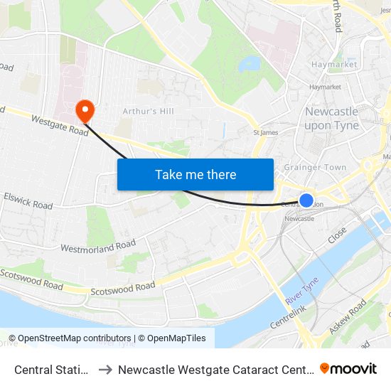 Central Station to Newcastle Westgate Cataract Centre map