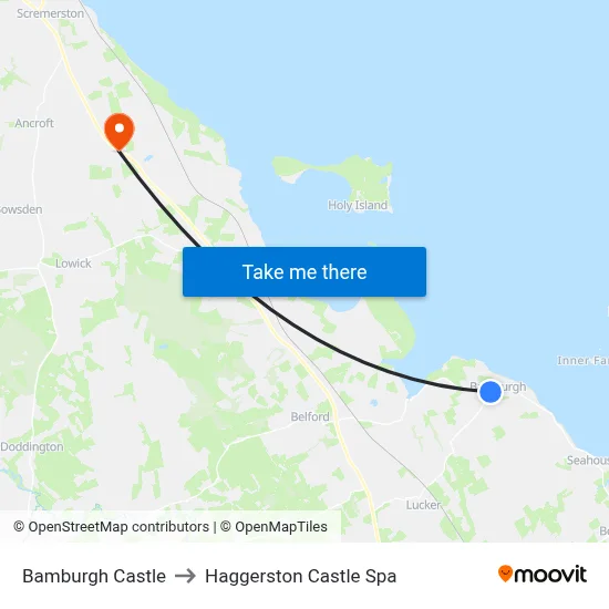 Bamburgh Castle to Haggerston Castle Spa map