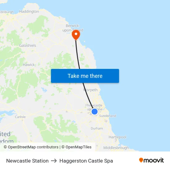Newcastle Station to Haggerston Castle Spa map