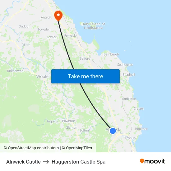 Alnwick Castle to Haggerston Castle Spa map