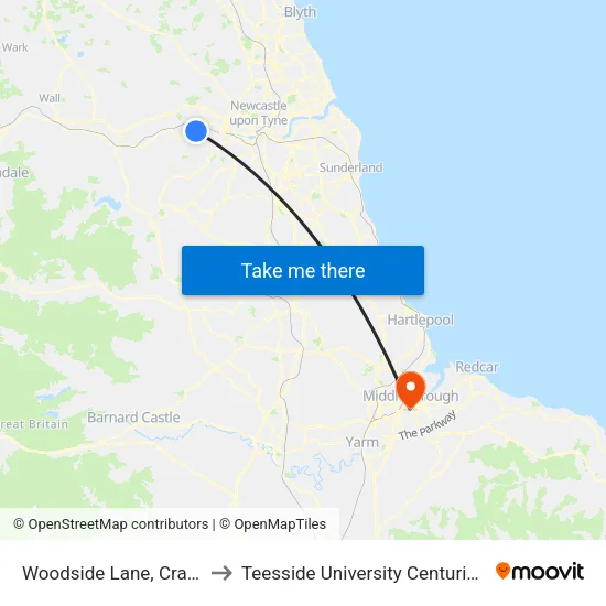 Woodside Lane, Crawcrook to Teesside University Centuria Building map