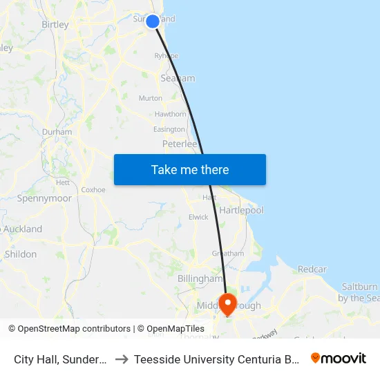 City Hall, Sunderland to Teesside University Centuria Building map