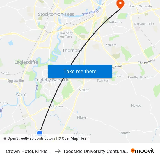 Crown Hotel, Kirklevington to Teesside University Centuria Building map