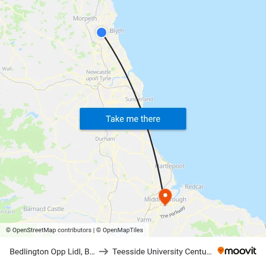 Bedlington Opp Lidl, Bedlington to Teesside University Centuria Building map