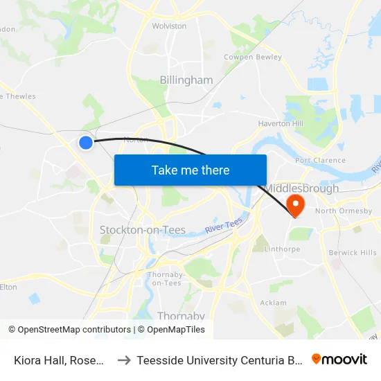 Kiora Hall, Roseworth to Teesside University Centuria Building map