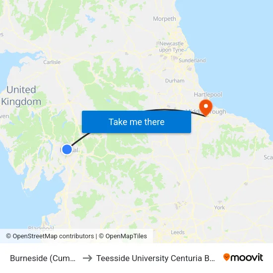 Burneside (Cumbria) to Teesside University Centuria Building map