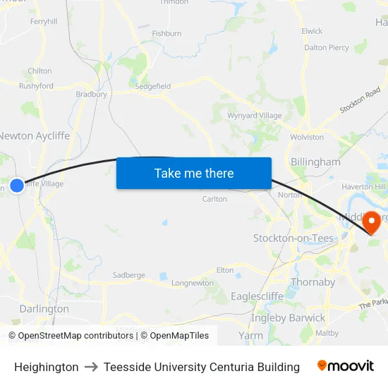 Heighington to Teesside University Centuria Building map