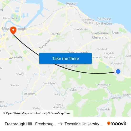 Freebrough Hill - Freebrough Road, Moorsholm to Teesside University Centuria Building map