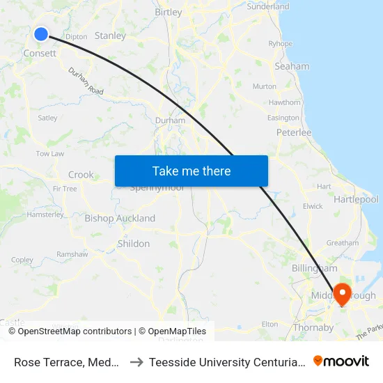 Rose Terrace, Medomsley to Teesside University Centuria Building map