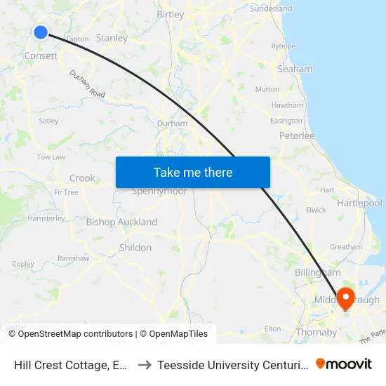 Hill Crest Cottage, Ebchester to Teesside University Centuria Building map