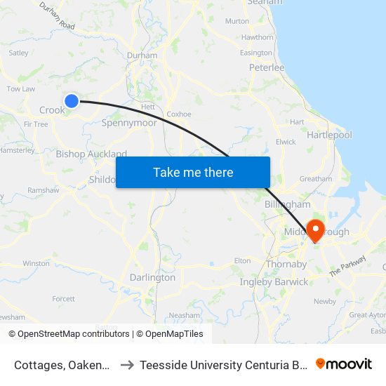 Cottages, Oakenshaw to Teesside University Centuria Building map