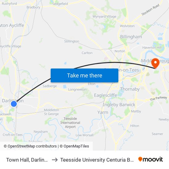 Town Hall, Darlington to Teesside University Centuria Building map