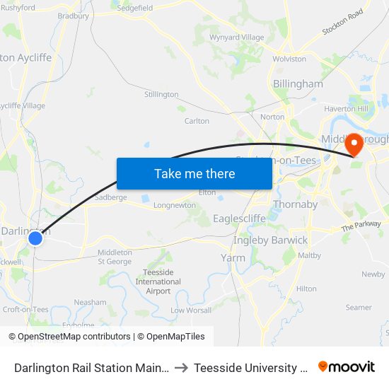 Darlington Rail Station Main Entrance, Darlington to Teesside University Centuria Building map