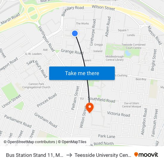 Bus Station Stand 11, Middlesbrough to Teesside University Centuria Building map