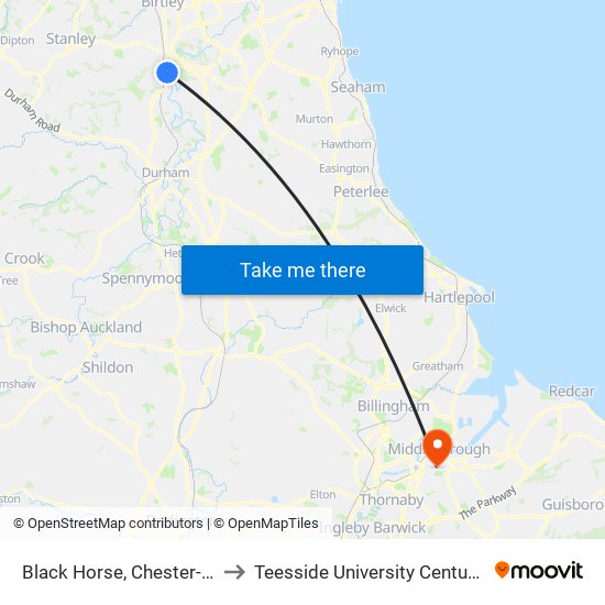 Black Horse, Chester-Le-Street to Teesside University Centuria Building map