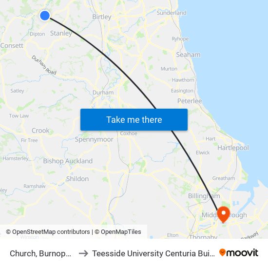 Church, Burnopfield to Teesside University Centuria Building map