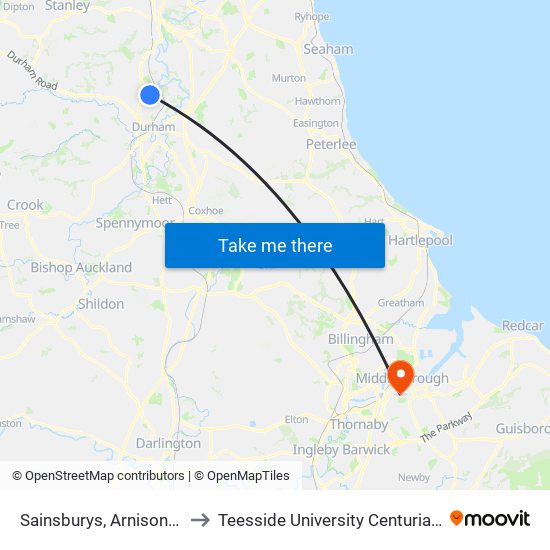 Sainsburys, Arnison Centre to Teesside University Centuria Building map