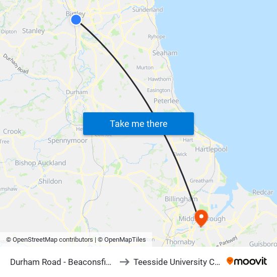 Durham Road - Beaconsfield Terrace, Birtley to Teesside University Centuria Building map