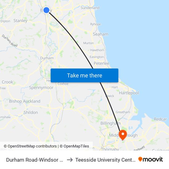 Durham Road-Windsor Road, Birtley to Teesside University Centuria Building map