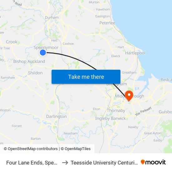 Four Lane Ends, Spennymoor to Teesside University Centuria Building map