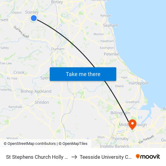 St Stephens Church Holly Hill, South Stanley to Teesside University Centuria Building map