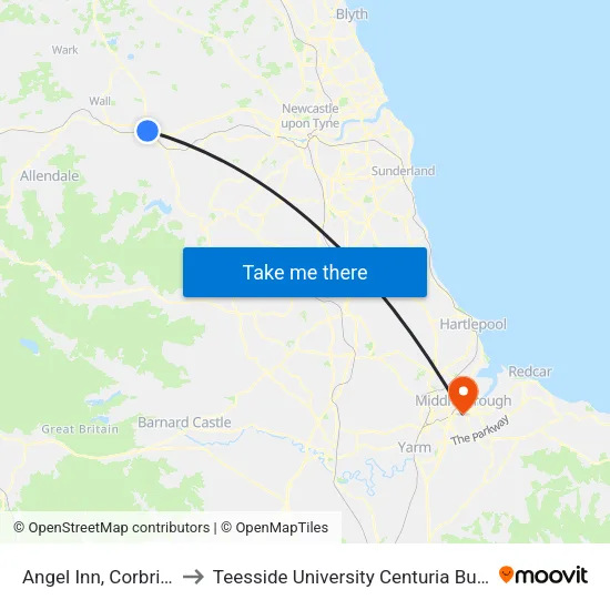 Angel Inn, Corbridge to Teesside University Centuria Building map