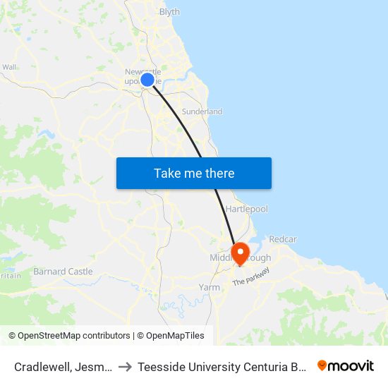 Cradlewell, Jesmond to Teesside University Centuria Building map