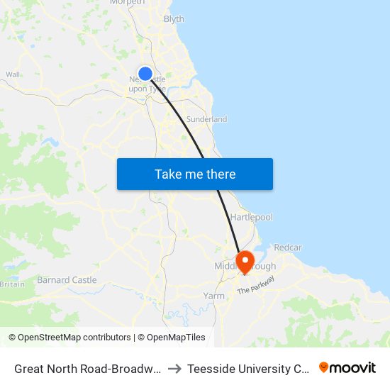 Great North Road-Broadway East, Gosforth to Teesside University Centuria Building map