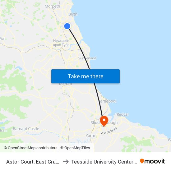 Astor Court, East Cramlington to Teesside University Centuria Building map