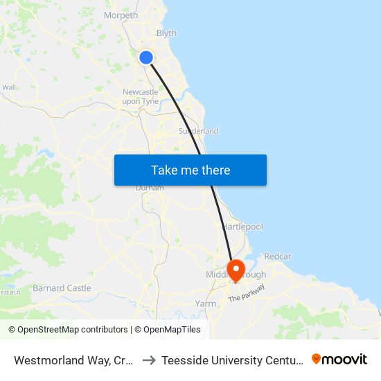 Westmorland Way, Cramlington to Teesside University Centuria Building map