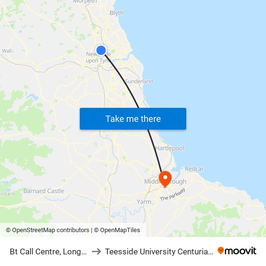 Bt Call Centre, Longbenton to Teesside University Centuria Building map