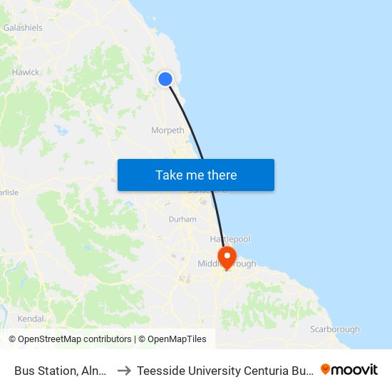 Bus Station, Alnwick to Teesside University Centuria Building map