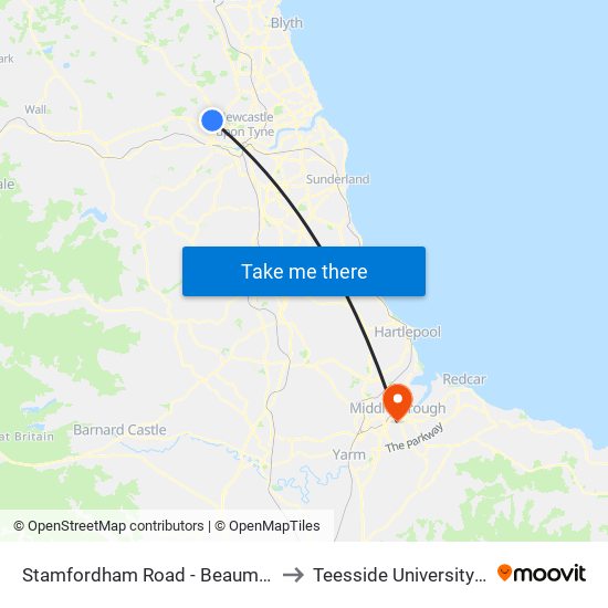 Stamfordham Road - Beaumont Terrace, Westerhope to Teesside University Centuria Building map