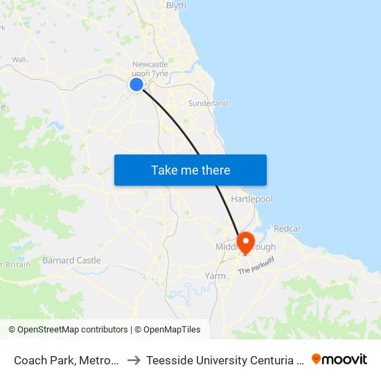 Coach Park, Metrocentre to Teesside University Centuria Building map