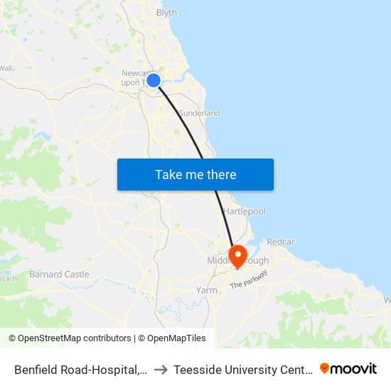 Benfield Road-Hospital, Walkergate to Teesside University Centuria Building map