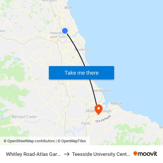 Whitley Road-Atlas Garage, Benton to Teesside University Centuria Building map