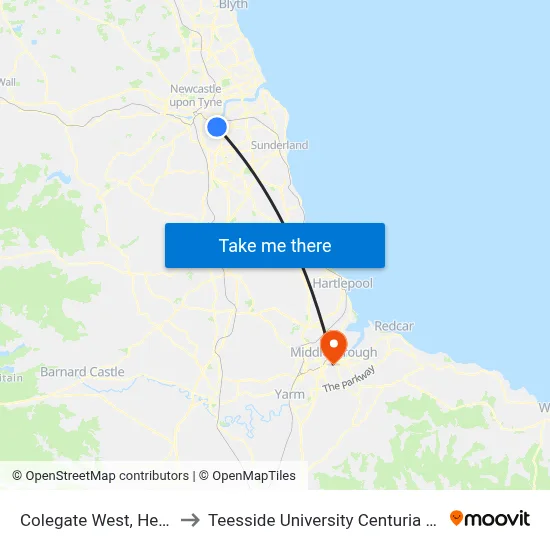Colegate West, Heworth to Teesside University Centuria Building map