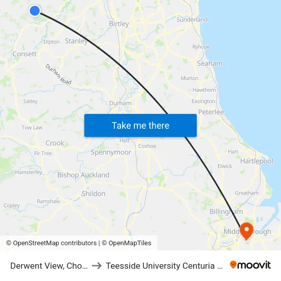 Derwent View, Chopwell to Teesside University Centuria Building map