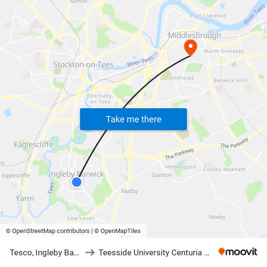 Tesco, Ingleby Barwick to Teesside University Centuria Building map