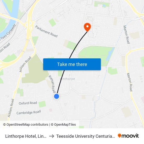 Linthorpe Hotel, Linthorpe to Teesside University Centuria Building map
