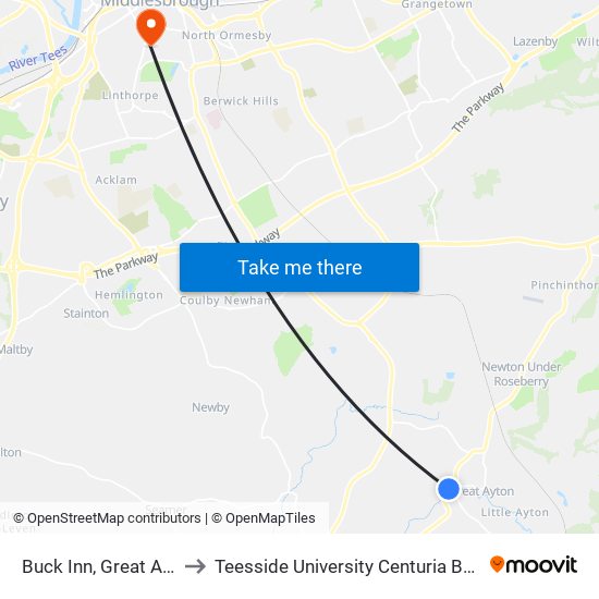 Buck Inn, Great Ayton to Teesside University Centuria Building map