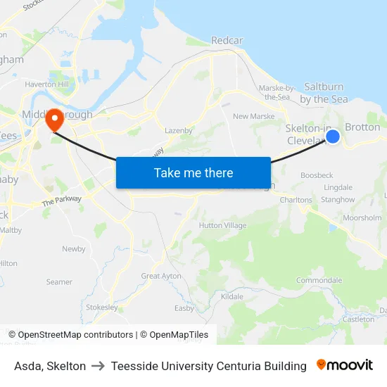 Asda, Skelton to Teesside University Centuria Building map