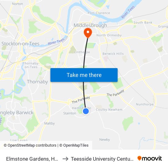 Elmstone Gardens, Hemlington to Teesside University Centuria Building map