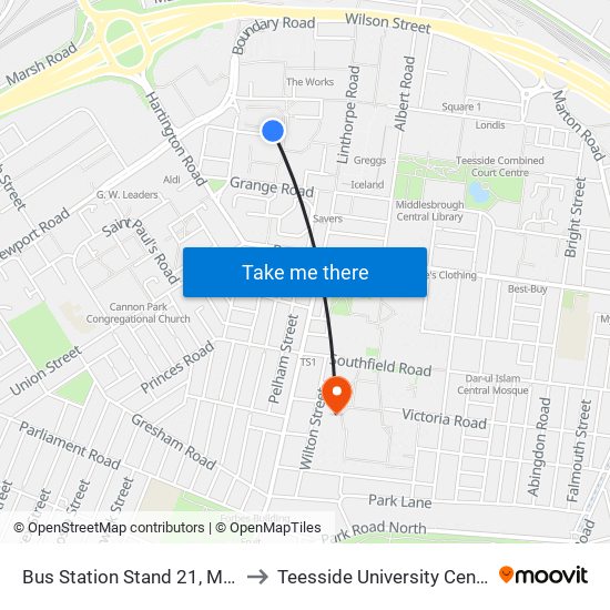 Bus Station Stand 21, Middlesbrough to Teesside University Centuria Building map