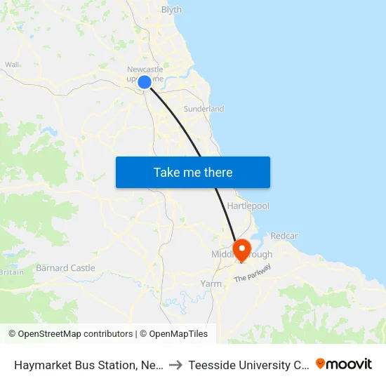 Haymarket Bus Station, Newcastle upon Tyne to Teesside University Centuria Building map